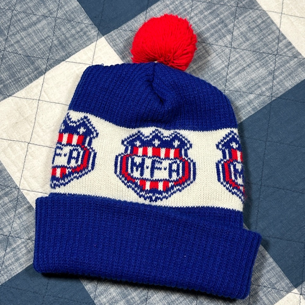 Vintage MFA Shield Logo Knit Beanie Pom Pom Hat Red White Blue Cuffed Winter Cap - Picture 2 of 3